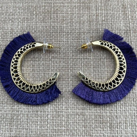 AREA Jewelry Earrings Gold Tone hoops Post Purple Fringe Fabric - Picture 8 of 12